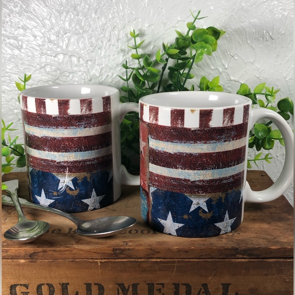 NWT Patriotic American Flag Patchwork Mugs 12oz Distressed Rustic Farmhouse Mugs